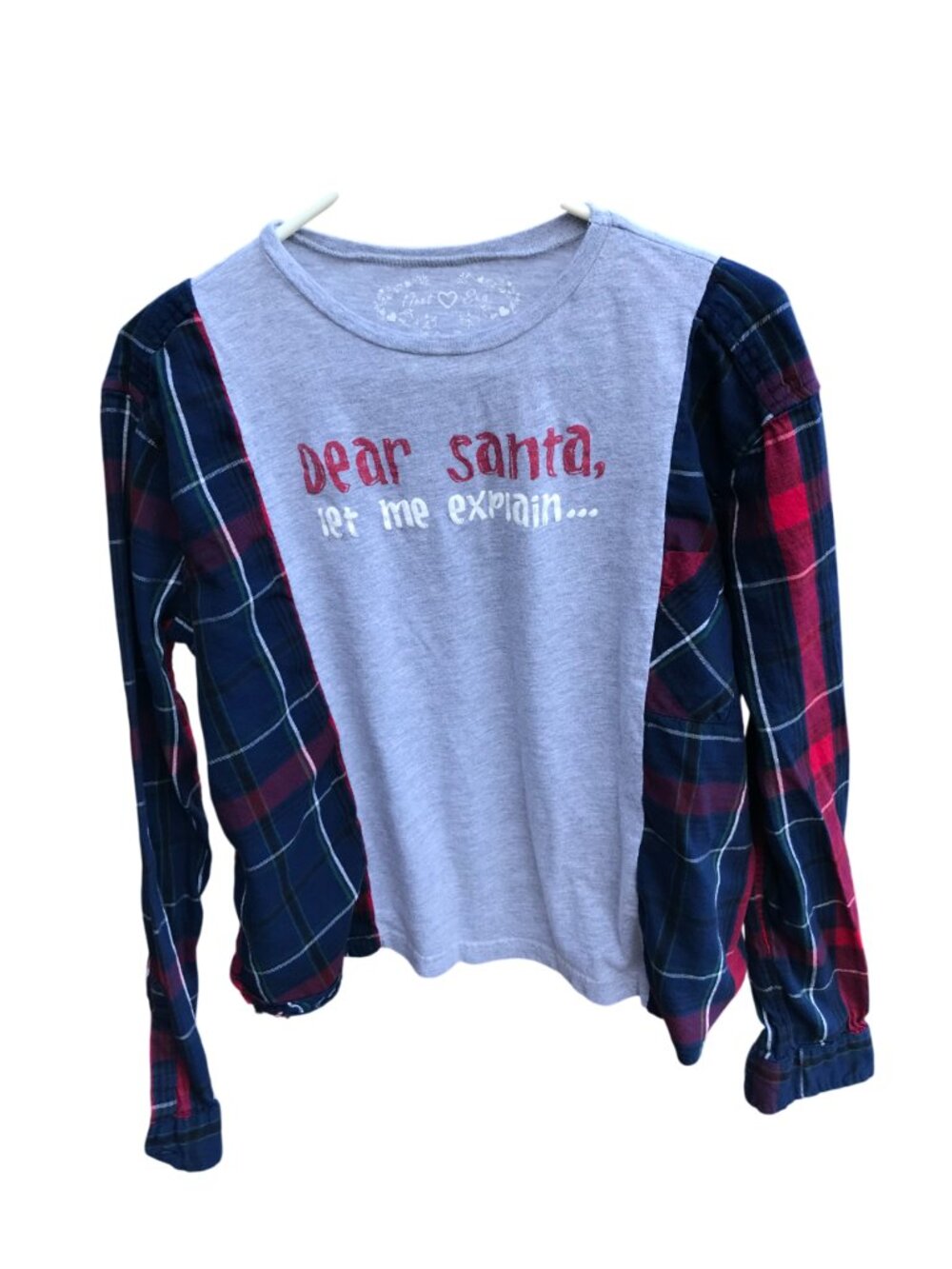 Upcycled Flannel Holiday Shirt, Humorous Christmas Graphics Plaid Top Size S - M